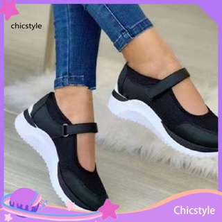 Chicstyle 1 คู่ รองเท้าลําลอง ก้นแบน กันลื่น เทปรัด หนา แพลตฟอร์ม พลัสไซซ์ เดิน ตาข่าย ระบายอากาศ รองเท้ากีฬา รองเท้าผู้หญิง