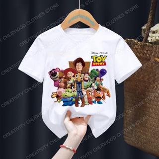 เสื้อยืดแขนสั้นลําลอง พิมพ์ลายการ์ตูนอนิเมะ Toy Story Woody Buzz Lightyear Kawaii สําหรับเด็กผู้ชาย และเด็กผู้หญิง