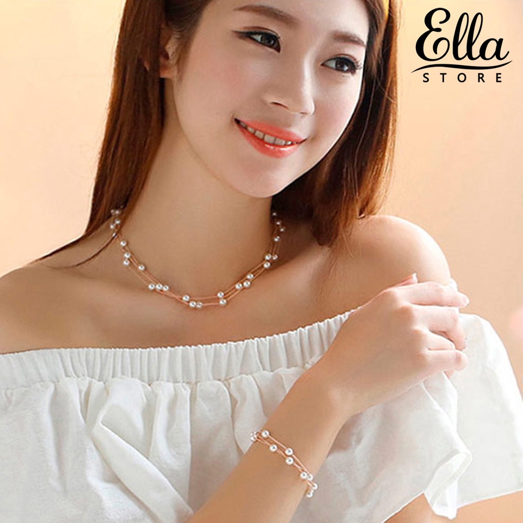 ellastore123-ชุดเครื่องประดับ-สร้อยคอ-สร้อยข้อมือ-ต่างหู-ประดับมุกเทียม-หลายชั้น-ปรับได้-น้ําหนักเบา-สําหรับผู้หญิง