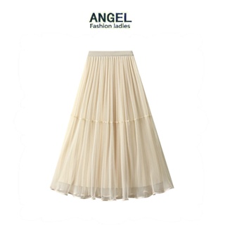 [2 ด้าน] ANGEL แฟชั่นผู้หญิง midi กระโปรงตาข่ายสีทึบเกาหลียืดหยุ่นเอวสูง A-line บางขนาดใหญ่แกว่งตูตูกระโปรง Tulle กระโปรงจีบยาวสําหรับผู้หญิง