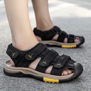 รองเท้าแตะ Velcro หนังวัว สีดํา เหมาะกับเดินชายหาดกลางแจ้ง แฟชั่นฤดูร้อน สําหรับผู้ชาย ไซซ์ 38-46
