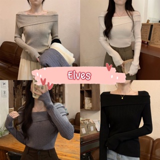 Elves✨พร้อมส่ง✨ เสื้อแขนยาว ผ้าไหมพรมเปิดไหล่เล็กน้อย ผ้าร่องใหญ่ ~R012~ -C