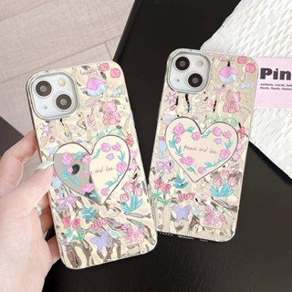 เคสโทรศัพท์มือถือ ซิลิโคนนุ่ม ชุบไฟฟ้า ลายการ์ตูนหมี ดอกไม้น่ารัก พร้อมกระจก สําหรับ iPhone 15 pro max 14 pro 13 pro max 12 pro 11