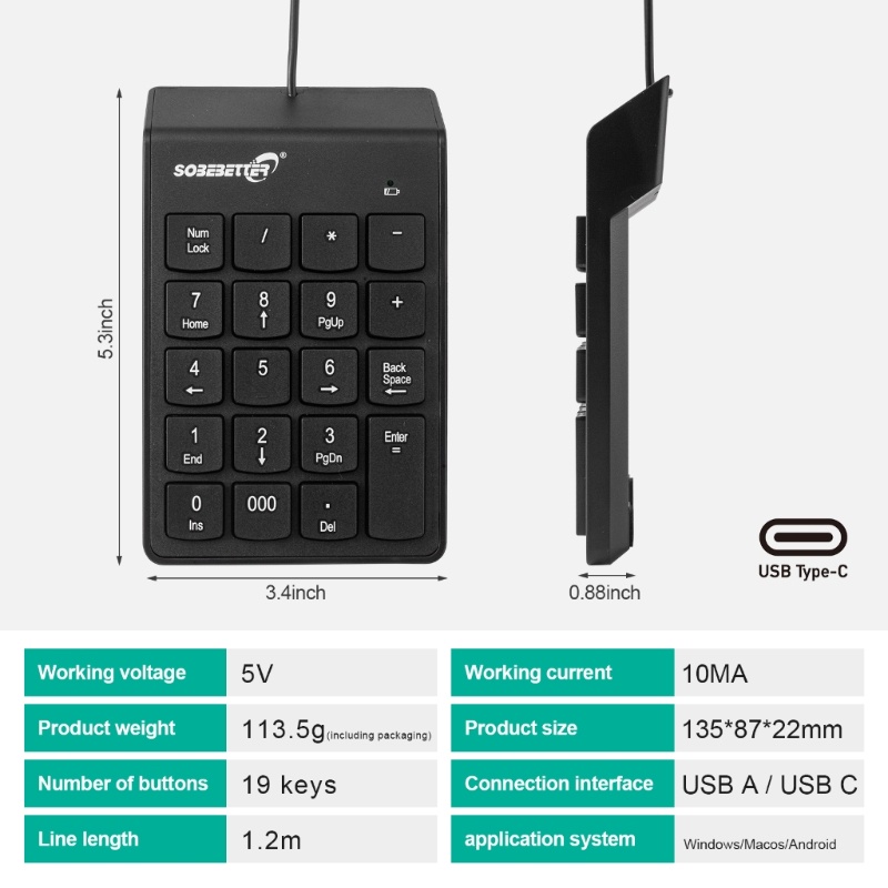 Cons Wire Number Pad Type C แป้นพิมพ์ตัวเลข USB คีย์บอร์ดปุ่มกดหมายเลข ...