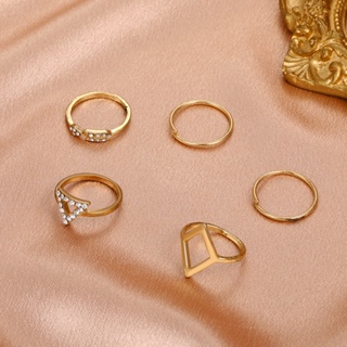 แหวนอัลลอย ทรงสามเหลี่ยม ประดับเพชร ชุบทอง เข้ากับทุกการแต่งกาย แฟชั่นสําหรับผู้หญิง 5 ชิ้น
