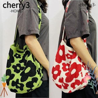 Cherry3 กระเป๋าสะพายไหล่ กระเป๋าช้อปปิ้งลําลอง ผ้าถัก ลายดอกไม้ แฟชั่น