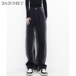 DaDuHey🎈 Womens New American Style Retro High Waist Slim Wide Leg Straight Jeans Fashion Casual Washed Black Pants