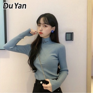 Du Yan เสื้อกันหนาวแขนยาว คอสูง ปักลาย สไตล์เกาหลี แฟชั่นฤดูใบไม้ร่วง สําหรับผู้หญิง