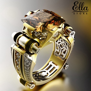 Ellastore123 แหวนแกะสลัก ทองแดง ประดับพลอยเทียม สไตล์วินเทจ สําหรับผู้ชาย