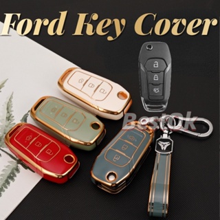 เคสกุญแจรถยนต์ TPU ขอบทอง 3 ปุ่ม พร้อมพวงกุญแจ สําหรับ Ford Ranger Ecosport Focus Escape Lynx Territory Shell
