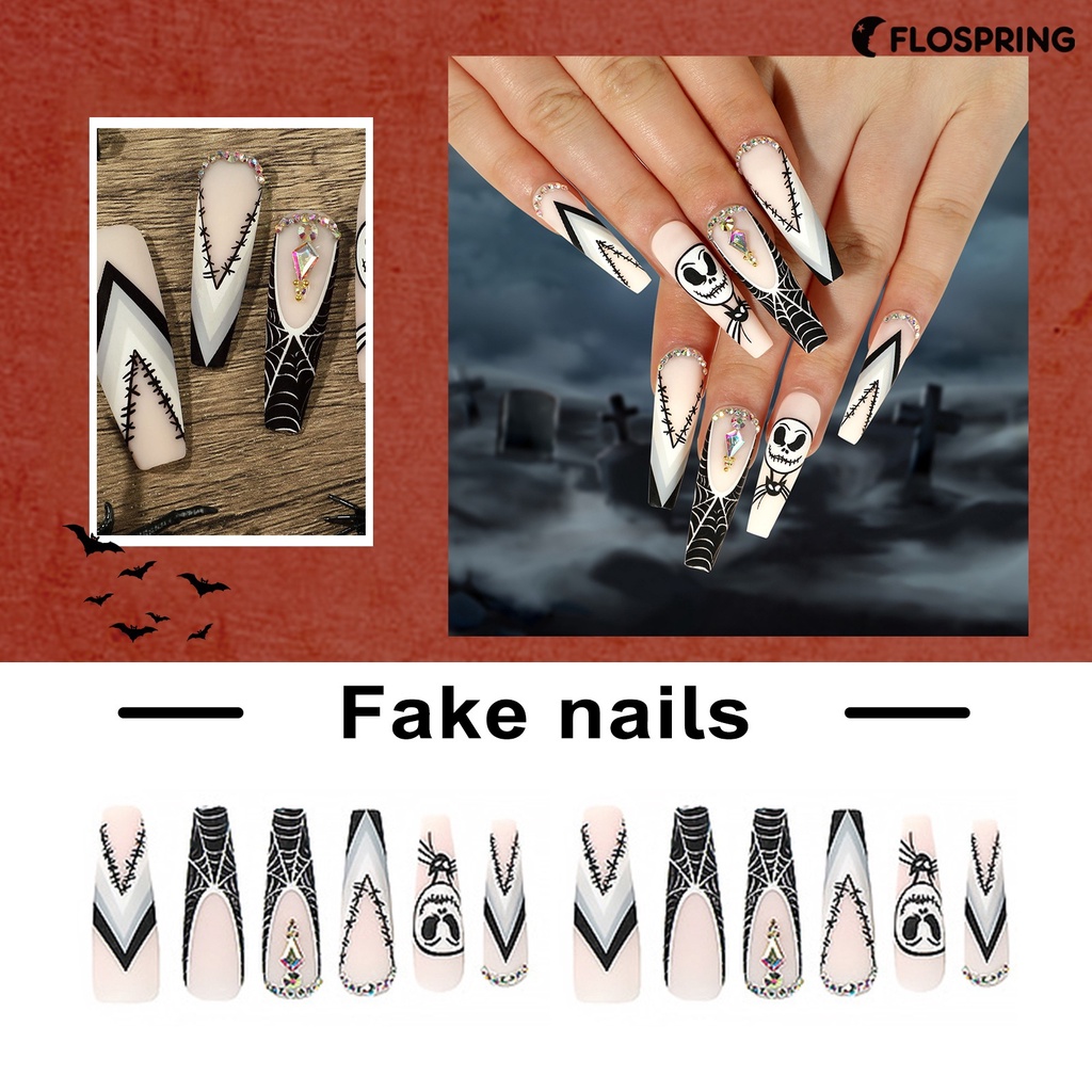 flospring-เล็บปลอม-พิมพ์ลายหัวกะโหลก-ประดับเพชรเทียม-diy-1-ชุด