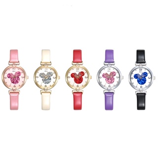 Disney MK-11009 นาฬิกาข้อมือควอทซ์ อะนาล็อก สายหนัง ประดับเพชรเทียม สีชมพู สีม่วง สําหรับเด็กผู้หญิง