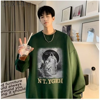 DaDuHey🔥 Mens Hong Kong Style Vintage Fashion Brand Thin All-Matching Long Sleeve Top 2023 Spring and Autumn Fashion Loose Print round Neck Sweater