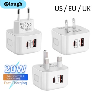 Elough อะแดปเตอร์ชาร์จโทรศัพท์มือถือ PD20W USB-C QC3.0 ชาร์จเร็ว 3.0 Type C ปลั๊ก EU US UK พร้อมไฟ LED