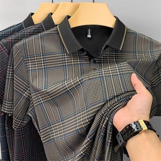 Mens summer imported plaid printed short-sleeved t-shirts middle-aged wear thin summer style Polo blouses