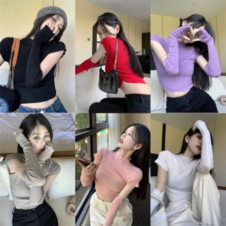 เสื้อเชิ้ตแขนสั้น คอสูง ผ้าถัก สีพื้น แฟชั่นฤดูใบไม้ผลิ สําหรับผู้หญิง