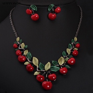 𝒂𝒍𝒆𝒑🌷ชุดเครื่องประดับ สร้อยคอ ต่างหู รูปผลไม้ เชอร์รี่ สีแดง สไตล์วินเทจ สําหรับเจ้าสาว 1 ชุด