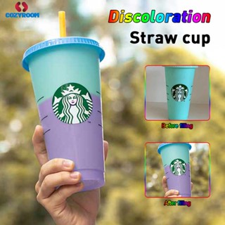 1 pc/5 pcs Reusable Starbucks เปลี่ยนสีเย็นถ้วยพลาสติก Tumbler พร้อมฝาปิดถ้วยพลาสติกแบบใช้ซ้ำได้ 24 Oz คอลเลกชันฤดูร้อน cynthia