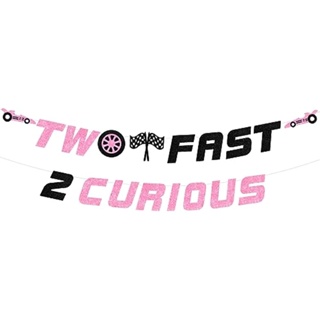 Cheereveal ธงแบนเนอร์ ลาย Two Fast Two Curious 2nd Birthday Lets Go สีชมพู สําหรับตกแต่งงานปาร์ตี้วันเกิด