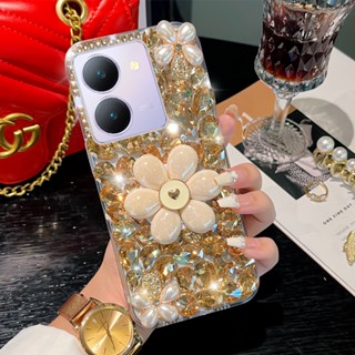 เคส Vivo Y27 5G Y36 Y22S Y02 Y16 Y22 Y35 Y02S Y21 Y33S Y33T Y2S Y21T Y20S Y20i โทรศัพท์มือถือ ลายดอกไม้ ดอกกุหลาบ 3D ประดับพลอยเทียม พร้อมขาตั้ง สําหรับ