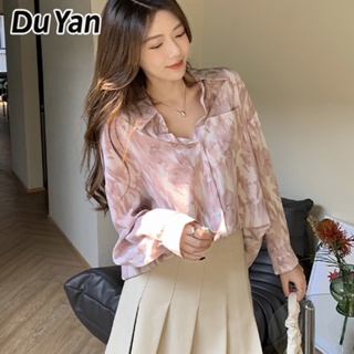 Du Yan Spot เสื้อเชิ้ตแขนยาว ผ้าชีฟอง พิมพ์ลายมัดย้อม สไตล์เกาหลี