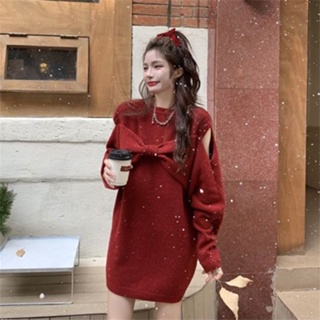 🎄🍓 ชุดเดรสสีแดง สำหรับหน้าหนาว ชุดเดรสถัก🎄❣️แขนยาว สไตล์เกาหลี สำหรับผู้หญิง น่ารักๆ ใส่สบาย ผ้ายืด