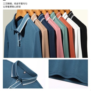 Spot high quality] long-sleeved POLO shirt mens middle-aged V-collar dad flip collar long T-shirt handsome sports Tee mulberry silk jersey high-grade T-shirt for boys