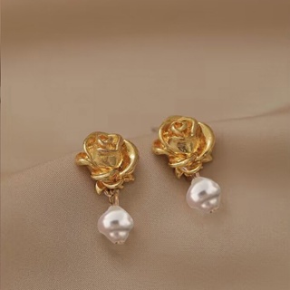 S925 Silver Needle Minority French temperament retro Golden Pearl Rose Camellia earrings
