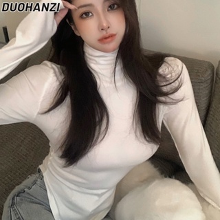 Duohanzi เสื้อยืดคอปก แขนยาว ทรงสลิมฟิต สไตล์เกาหลี สําหรับผู้หญิง