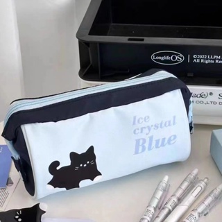 กระเป๋าเครื่องเขียน กระเป๋าดินสอ ขนาดใหญ่ จุของได้เยอะ พิมพ์ลายแมว สีฟ้าอ่อน แบบเรียบง่าย สําหรับนักเรียน