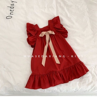 Korean girl temperament princess dress summer French little girl foreign style flying sleeve square collar bow tie baby dress