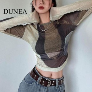 Dunea เสื้อท็อป คอกลม ผ้าตาข่าย เข้ารูป สีตัดกัน แฟชั่นสําหรับผู้หญิง