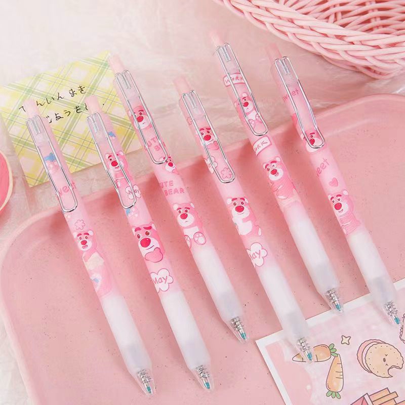 test-good-gel-pen-0-5mm-ink-pen-cute-pink-strawberry-bear-push-type-pen-students-press-gel-pen-stationery