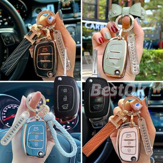 เคสกุญแจรถยนต์ TPU ขอบทอง 3 ปุ่ม พร้อมพวงกุญแจ สําหรับ Hyundai Ix45 Santafe Hyundai Accent Tucson Ix35