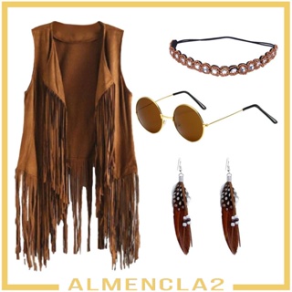 [Almencla2] ชุดเครื่องแต่งกาย เสื้อกั๊กฮิปปี้ 70s 60s 70s สีน้ําตาล สําหรับผู้หญิง