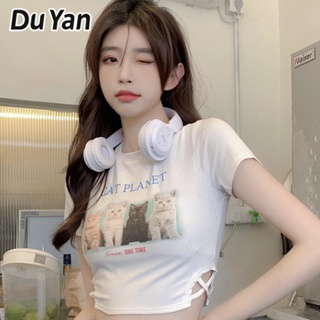 Du Yan เสื้อยืดผ้าฝ้าย แขนสั้น พิมพ์ลายลูกแมว สําหรับผู้หญิง