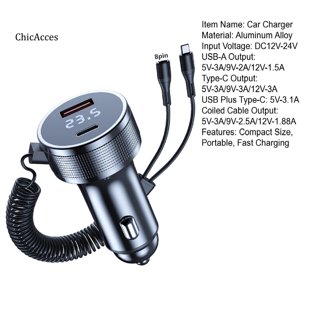 chicacces-ที่ชาร์จในรถยนต์-type-c-แบบพกพา-ชาร์จเร็ว-พอร์ตคู่-ที่ชาร์จในรถ-พร้อมการป้องกันอุณหภูมิเกิน-กะทัดรัด-และอะแดปเตอร์โทรศัพท์-สากล