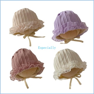 Esp หมวกบีนนี่ ผ้าฝ้าย สีพื้น ผูกเชือก สําหรับเด็กทารกแรกเกิดผู้หญิง อายุ 3-16 เดือน