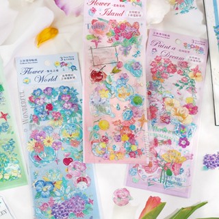สติกเกอร์ PET ลายดอกไม้ สําหรับตกแต่งสมุดภาพ เครื่องเขียน DIY จํานวน 3 แผ่น