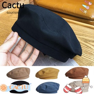 Cactu หมวกเบเร่ต์ ผ้าฝ้าย สีพื้น สไตล์เกาหลี เรโทร สําหรับผู้หญิง