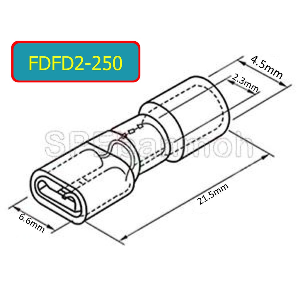 [ 100 ตัว/ถุง ] FDFD2-250 สีน้ำเงิน Blue หางปลาเสียบแบน ตัวเมีย หุ้ม ...