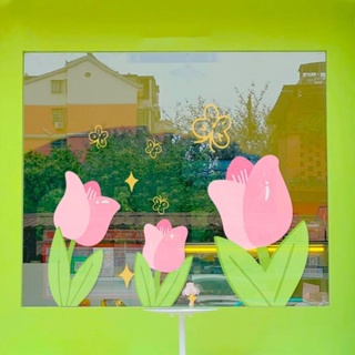 สติกเกอร์ ลายดอกทิวลิป สีชมพู สําหรับตกแต่งกระจก ประตู หน้าต่าง ร้านค้า