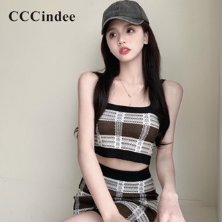 Cccindee เสื้อสายเดี่ยวลําลอง เข้ารูป ลายสก๊อต สีตัดกัน แฟชั่นใหม่ สําหรับสตรี 2023