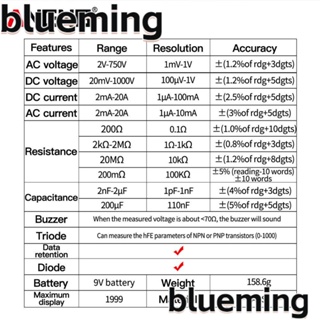 Blueming2 มัลติมิเตอร์ดิจิทัล มัลติฟังก์ชั่น hFE โอห์ม ตัวเก็บประจุ ความแม่นยําสูง AC/DC หน้าจอดิจิตอล