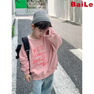 [Baile Little Forest] เสื้อกันหนาว แบบสวมหัว พิมพ์ลายตัวอักษร ทรงหลวม สไตล์เกาหลี แฟชั่นฤดูใบไม้ผลิ ฤดูใบไม้ร่วง สําหรับเด็กผู้ชาย