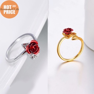 Aosuoas แหวนหมั้น แบบเปิด รูปดอกกุหลาบ สีแดง ปรับได้ ของขวัญวันวาเลน สําหรับผู้หญิง
