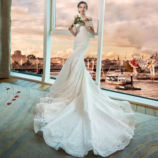 ชุดแต่งงานใหม่ลูกไม้เจ้าสาวสนามหญ้าริมทะเลฮันนีมูนท่องเที่ยวแฟชั่นชุดแต่งงานสีขาวยาว