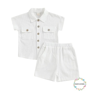 Babyclothes- ชุดเสื้อเชิ้ตแขนสั้น คอปก และกางเกงขาสั้น เอวยางยืด สีพื้น แฟชั่นฤดูร้อน สําหรับเด็กผู้ชาย 2 ชิ้น