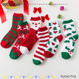 Eutus ถุงเท้าผ้าฝ้ายถัก ผ้าฟลีซ แบบหนา ให้ความอบอุ่น ลายคริสต์มาส 6 คู่