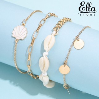 Ellastore123 สร้อยข้อเท้าโลหะ ทรงกลม ประดับพู่ ปรับได้ สไตล์โบฮีเมียน สําหรับผู้หญิง 4 ชิ้น